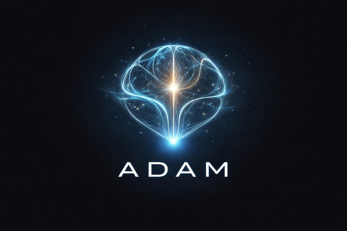 Adam: a glowing network shaped like a brain